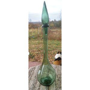 Beautiful Large Pinched Empoli Art Glass Decanter with Stopper Green